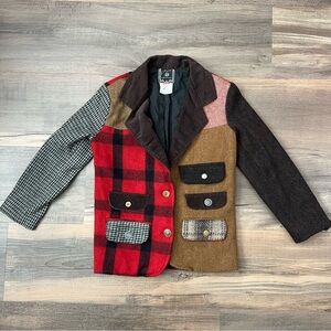 VTG 90s Y2K Jou Jou Ladies' Patchwork Plaid Houndstooth Wool Blend Blazer Sz Sm.